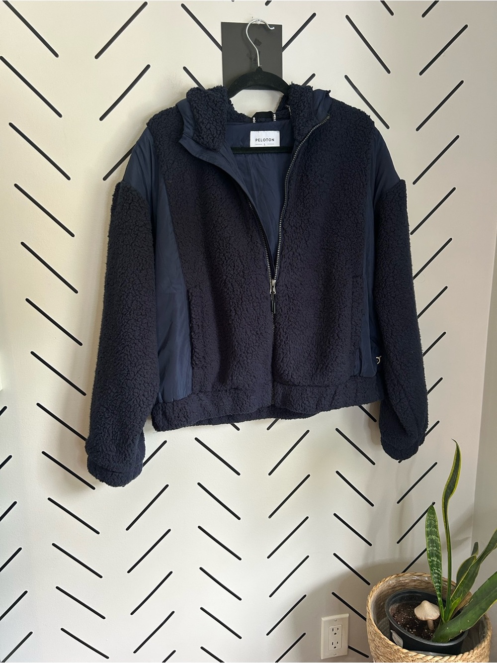 Peloton Women's New Heights Sherpa Hooded Full Zip Jacket in navy blue